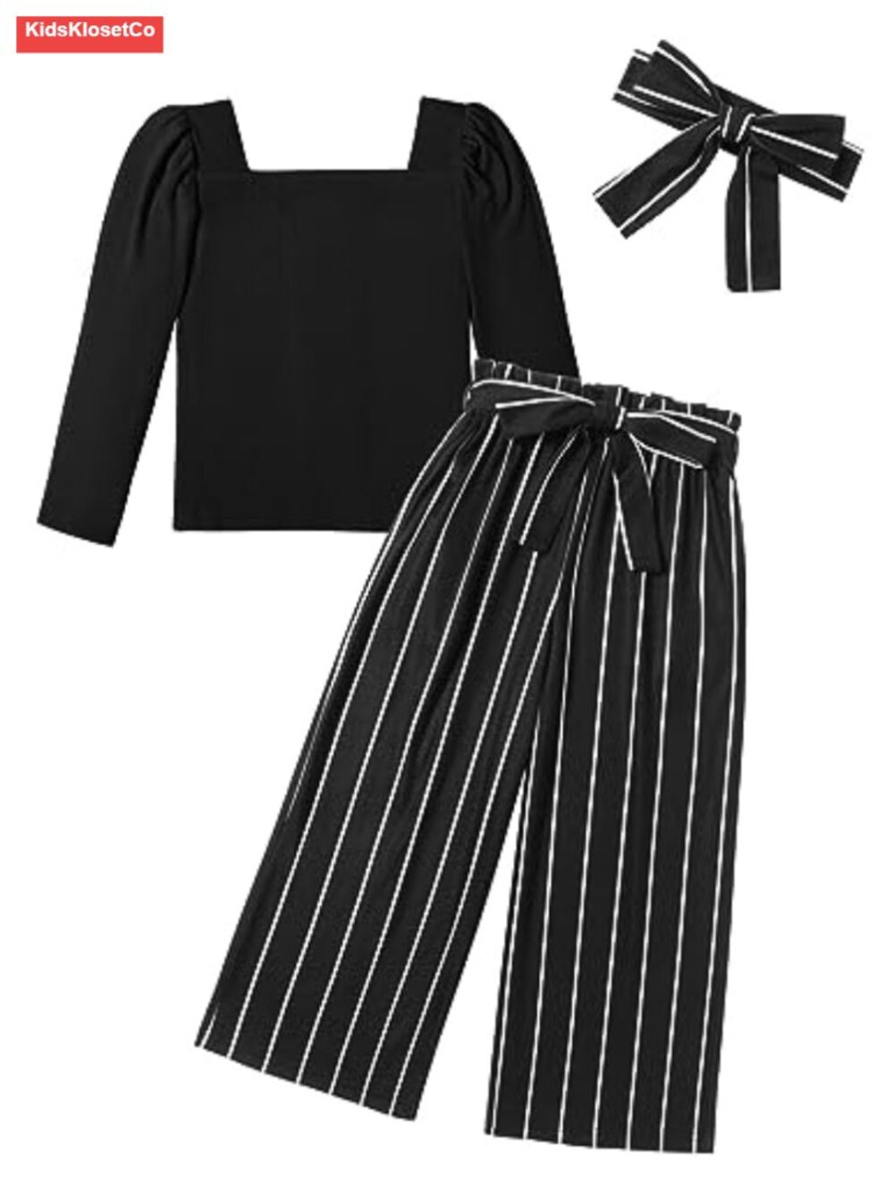Girls 3pc Rib Knit Square Neck Top Wide Leg Pants Headband Set